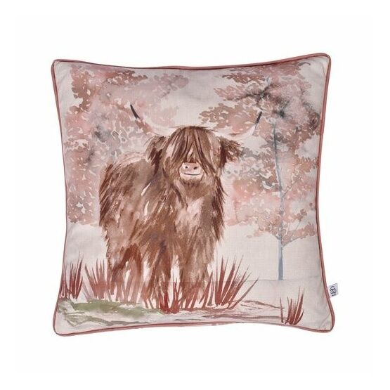 Dreams & Drapes Lodge - Hanson Highland Cow - Velvet Filled Cushion - 43 x 43cm in Terracotta