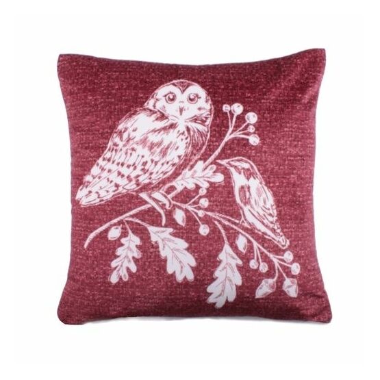 Dreams & Drapes Lodge - Woodland Owls - Velvet Cushion Cover - 43 x 43cm in Red