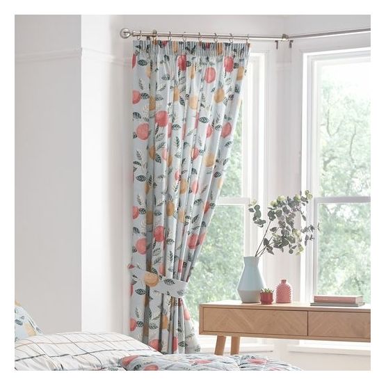 Dreams &amp; Drapes Design - Botanical Fruit -  Pair of Pencil Pleat Curtains - Green 66" Width x 72" Drop (168 x 183cm)