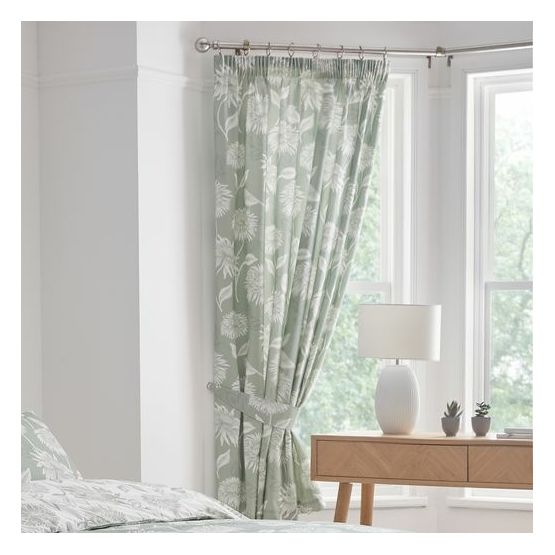 Dreams &amp; Drapes Design - Chrysanthemum -  Pair of Pencil Pleat Curtains With Tie-Backs - Green 66" Width x 72" Drop (168 x 183cm)