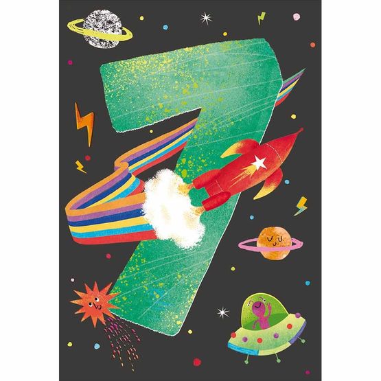 Planets And Rocket In Space Around Number 7