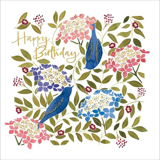 Two Blue Birds Amongst Hydrangeas And Foliage