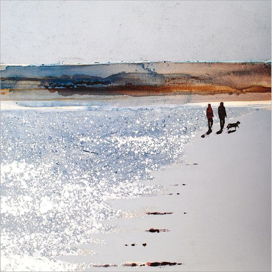 Two People And A Dog Walking Along The Shoreline