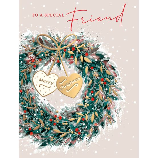 Christmas Card - Special Friend Christmas Wreath And Hearts
