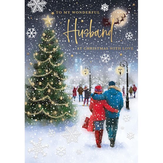 Christmas Card - Husband Couple Walking Past Christmas Tree