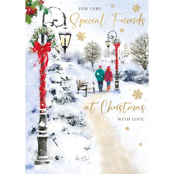 Christmas Card - Special Friends Couple Walking Through Snowy Scene