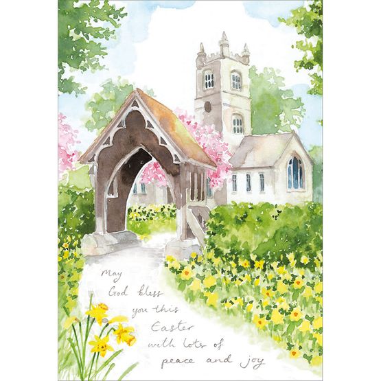 Easter Card - Church Surrounded By Daffodils