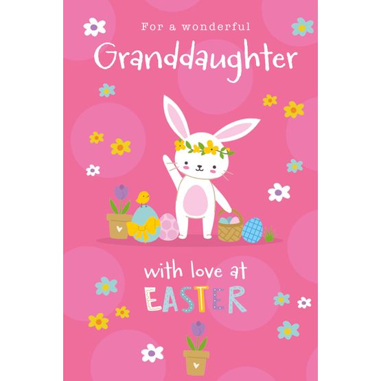 Easter Card - Girl Bunny Basket And Bunting Tulips
