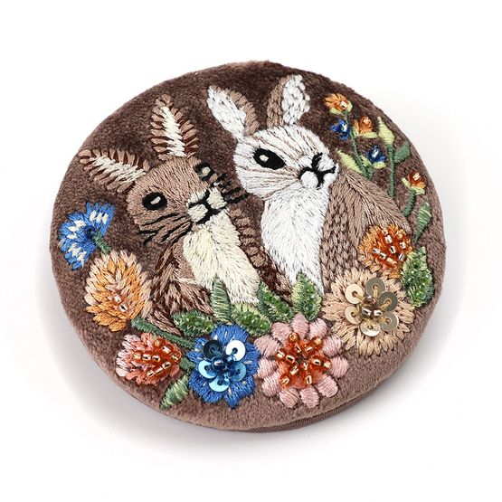 Peace Of Mind - Cocoa Velvet Meadow Bunnies Embroidered Compact Pocket Mirror