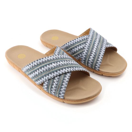 Peace Of Mind - Denim Blue Woven Crossover Flax Summer Sliders - Med