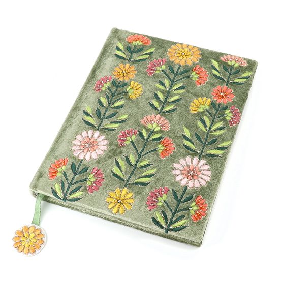 Peace Of Mind - Green Velvet Dahlias Embroidered A5 Notebook