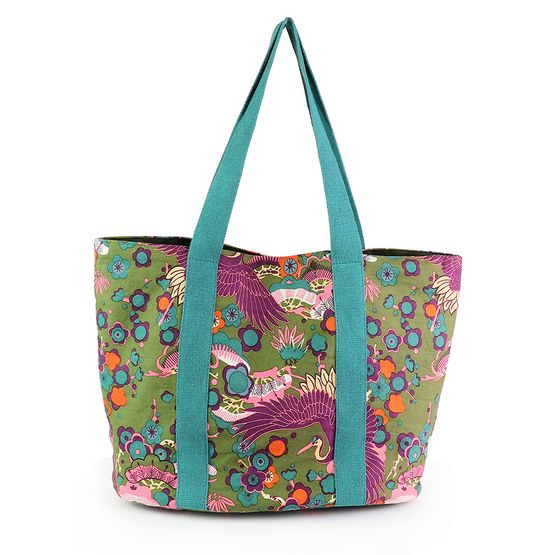 Peace Of Mind - Khaki/Purple Paradise Print Beach Bag With Blue Webbing Straps