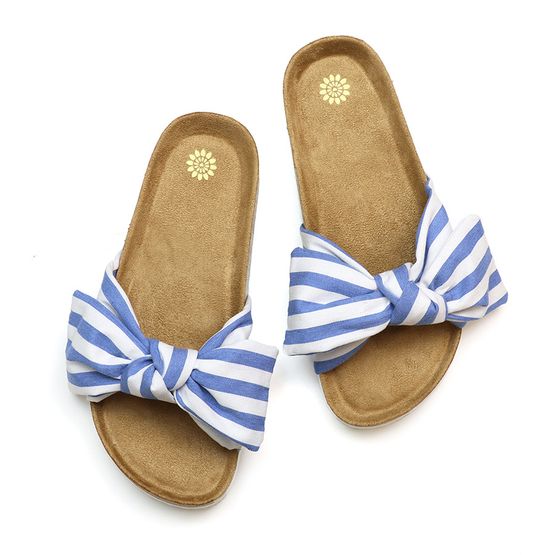 Peace Of Mind - Light Blue Striped Bow Summer Footbed Sliders - Large
