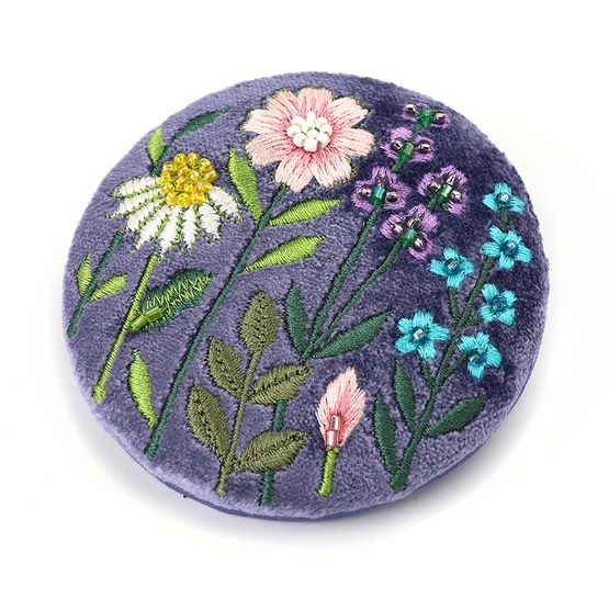 Peace Of Mind - Lilac-Blue Velvet Multi Flower Meadow Embroidered Pocket Compact Mirror