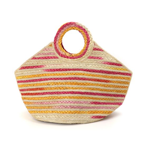 Peace Of Mind - Pink And Yellow Striped Round Handled Jute Bag