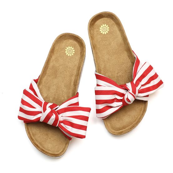 Peace Of Mind - Red Striped Bow Summer Footbed Sliders - Large