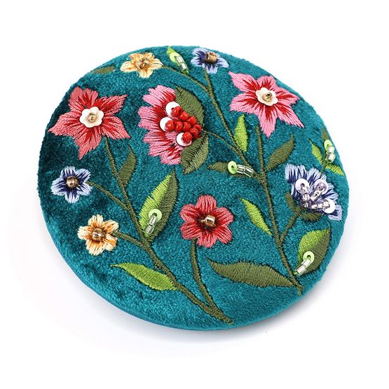 Peace Of Mind - Teal Velvet Floral Embroidered Pocket Compact Mirror