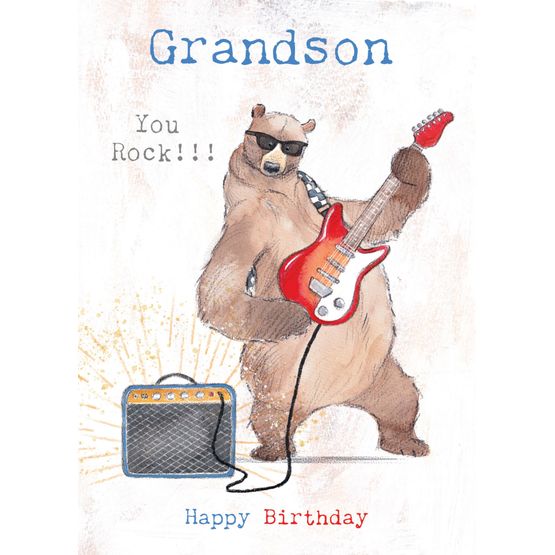 Grandson Bear Playing Guitar Birthday Card