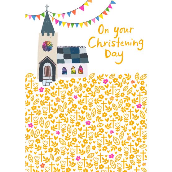 Church And Bunting Christening Day Greetings Card
