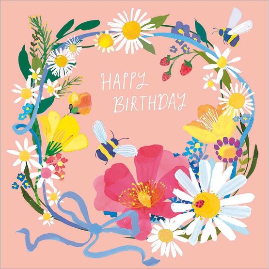 Flowers, Bees and Ribbon Greetings Card
