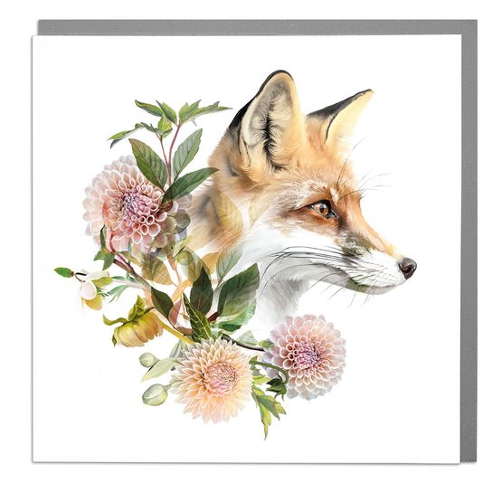 Fox And Dahlia - Wildlife Botanical Greetings Card