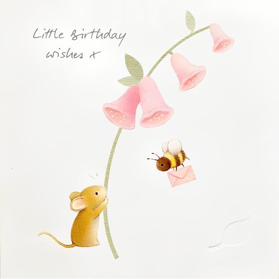 Mouse Holding Foxglove And A Flying Bee Greetings Card