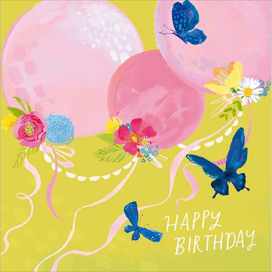 Pink Balloons with Flowers &amp; Butterflies Greetings Card