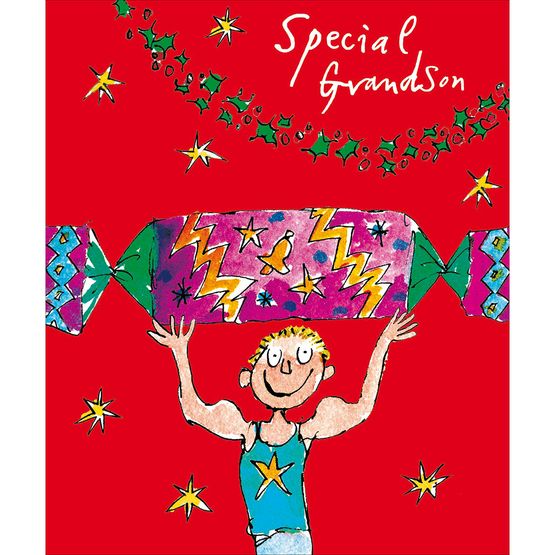 Special Grandson Boy Lifting Giant Cracker Christmas Card