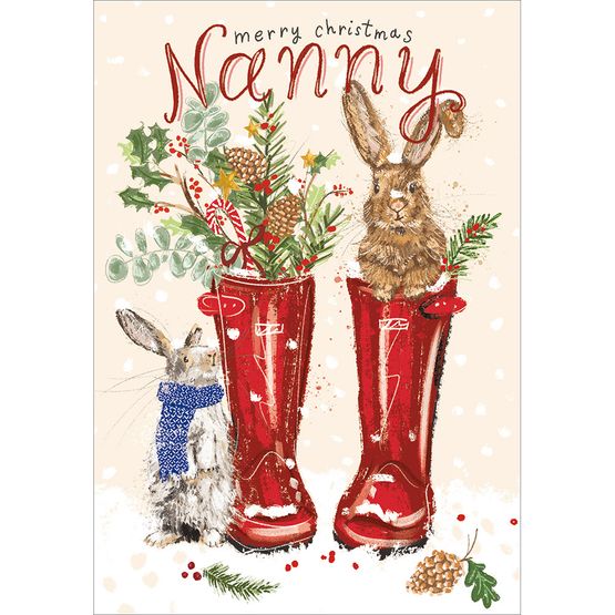 Nanny Bunny In A Wellington Boot With Foliage Christmas Card