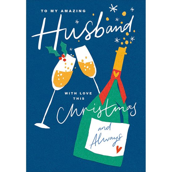 Husband Champagne Bottle and Two Glasses Christmas Card