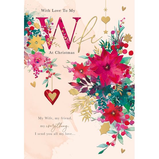Wife Christmas Flowers Pinks Christmas Card