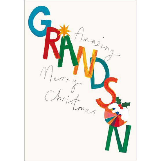 Grandson Colourful Text With Pudding and Star Christmas Card