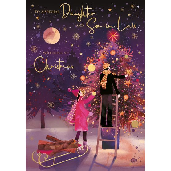 Daughter &amp; Son-in-Law Couple Decorating Tree Christmas Card