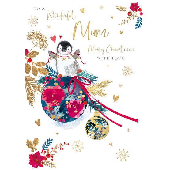 Wonderful Mum Cute Penguin On A Bauble Christmas Card