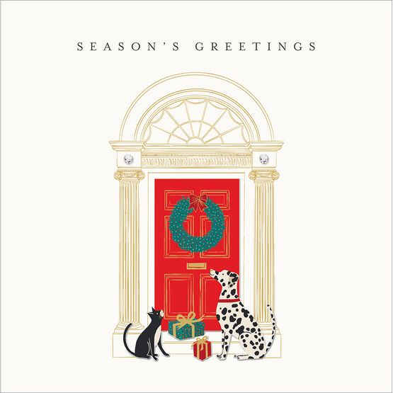 Dog and Cat By A Front Door Christmas Card