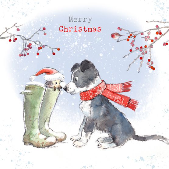 Dog and Hedgehog In Boots Christmas Card