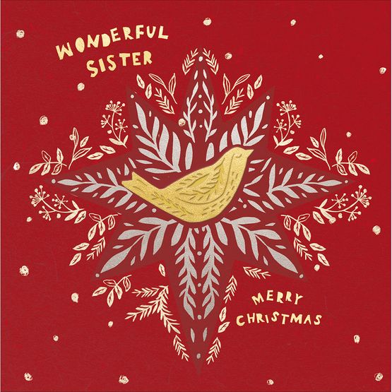 Wonderful Sister Foliage Star With Robin Christmas Card