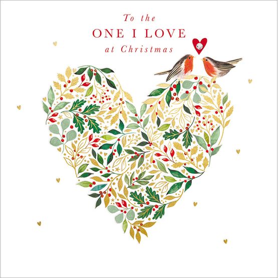 One I Love Heart Filled With Foliage and Two Robins Christmas Card