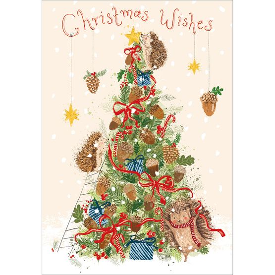 Hedgehogs Decorating A Tree Christmas Card
