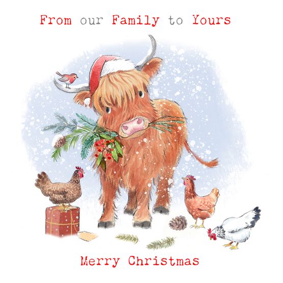 From Our Family Highland Cow &amp; Chickens Christmas Card