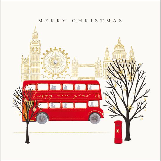 London Bus and People Shopping Christmas Card