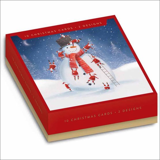Lots Of Santas Climbing A Giant Snowman Box of Christmas Cards