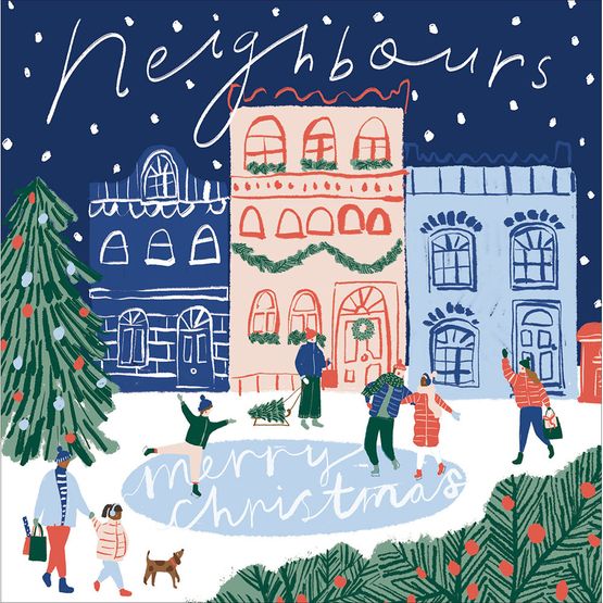 Neighbours Man and Lady Skating In Front Of Houses Christmas Card