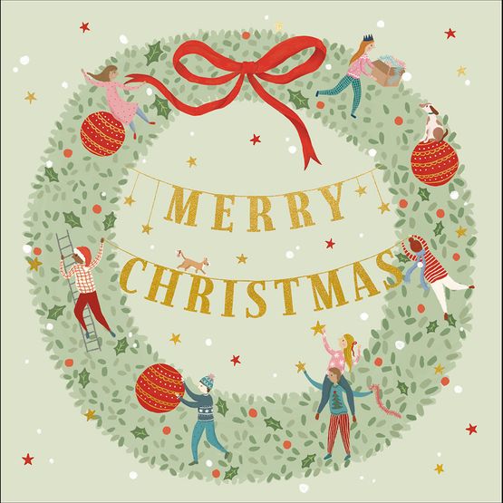 Mini People Decorating A Wreath Christmas Card