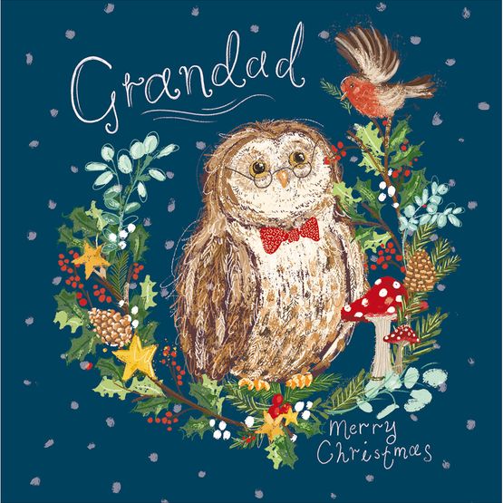 Grandad Owl In Wreath Christmas Card