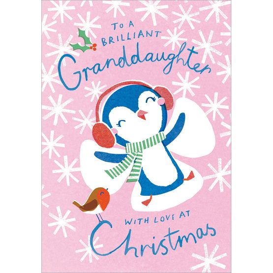 Granddaughter Penguin Doing A Snow Angel Christmas Card