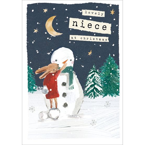 Niece Rabbit and Snowman Christmas Card