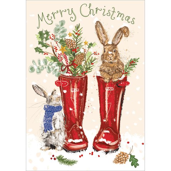 Rabbits In Christmas Wellies Christmas Card