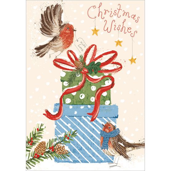 Robins Flying Around A Christmas Present Christmas Card