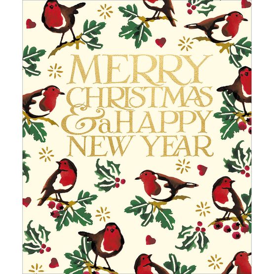 Robins Sitting On Foliage Christmas Card